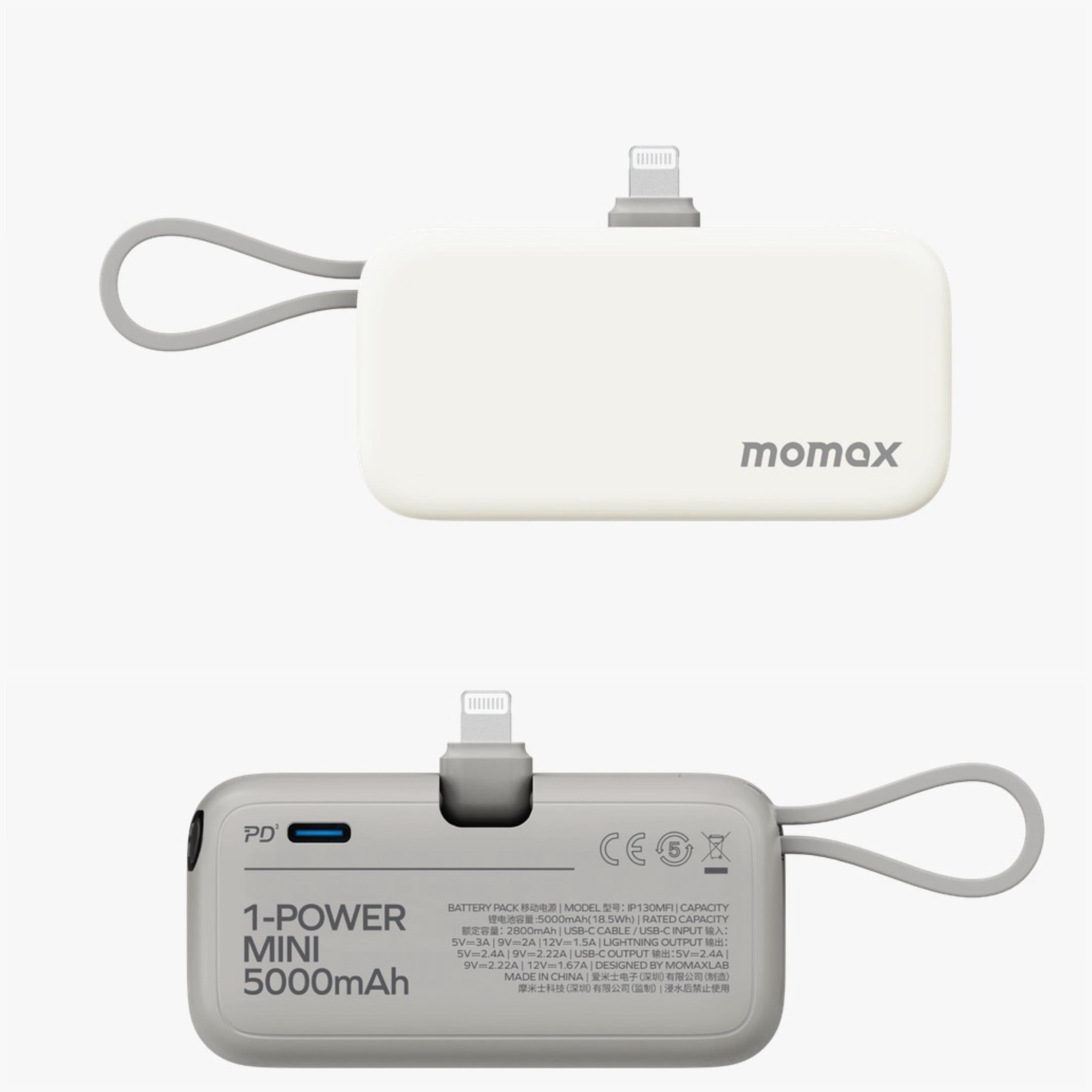 Momax 1-Power Mini 5000mAh 3IN1 Power Bank with Lightning Plug - White