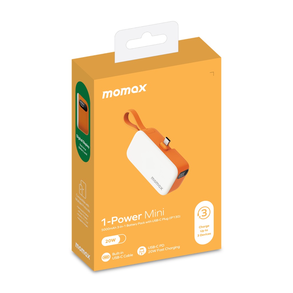 Momax 1-Power Mini 5000mAh 3IN1 Power Bank With Type-C Plug - Orange