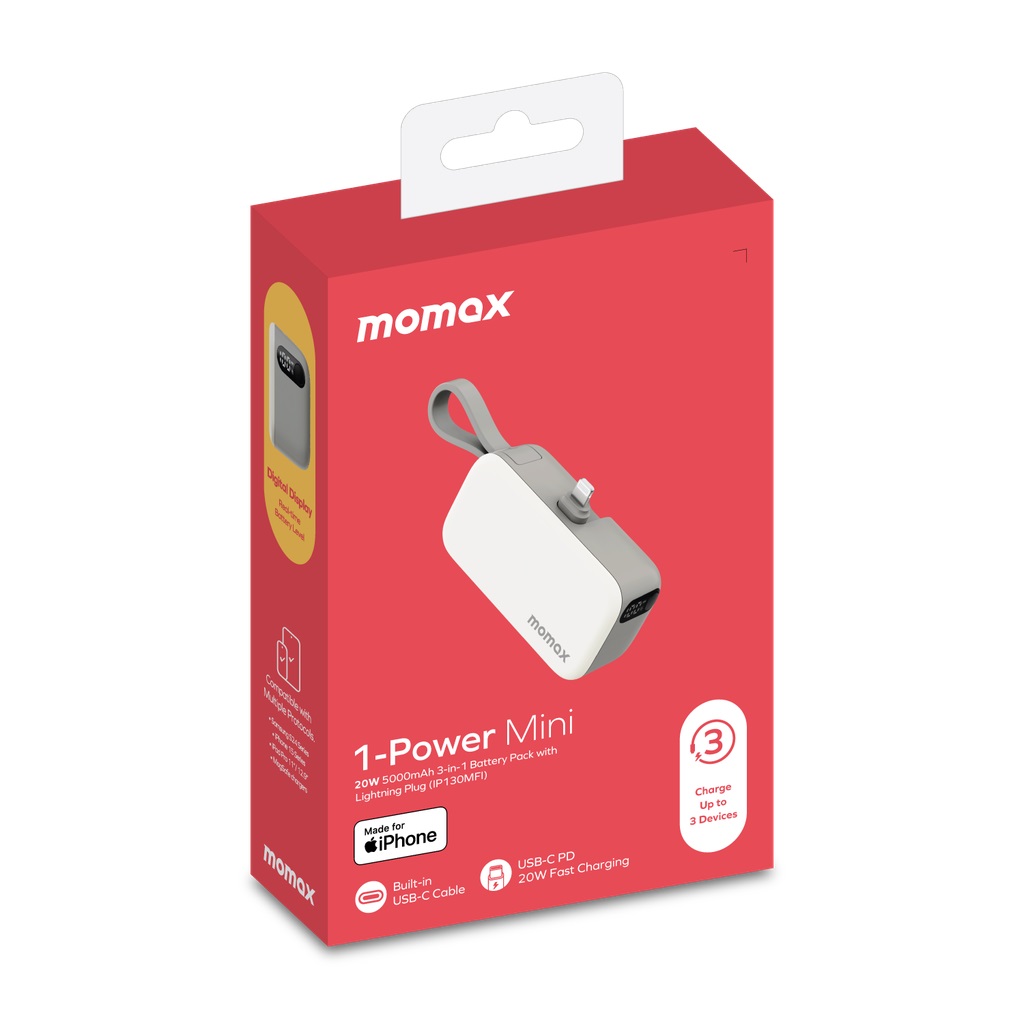 Momax 1-Power Mini 5000mAh 3IN1 Power Bank with Lightning Plug - White