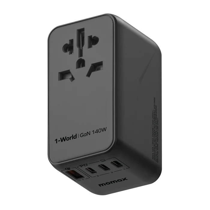 MOMAX 1-WORLD 140W GAN 4 PORTS AC TRAVEL ADAPTOR INCLUDING 140W USB-C TO USB-C CABLE