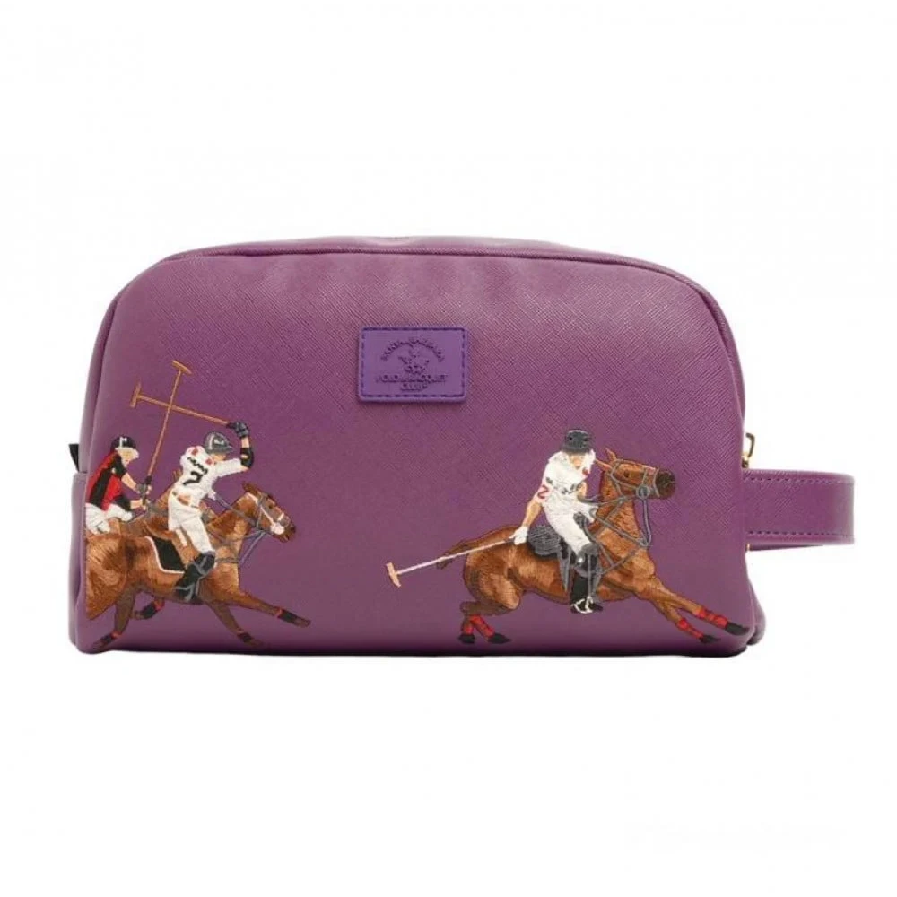 Santa Barbara Polo & Racquet Club Leather Embroidered Toiletry Bag - Purple