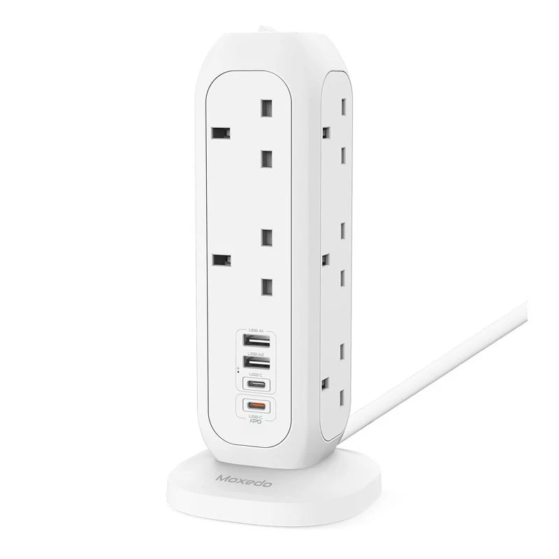 Moxedo Smart-Hub Tower Power Strip Surge Protector 3250W (11 AC SOCKETS 2 USB-C and 2 USB-C Ports) White