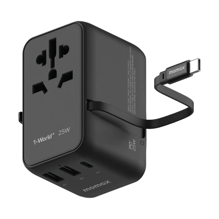 MOMAX 1-WORLD 25W 3-Port Power Adapter with Built-in USB-C Cable (UA20D) - Black