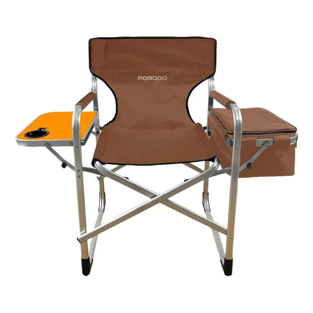 Porodo Lifestyle Outdoor Folding Aluminium Chair with Side Table Cup Holder and Cooling Bag - Brown