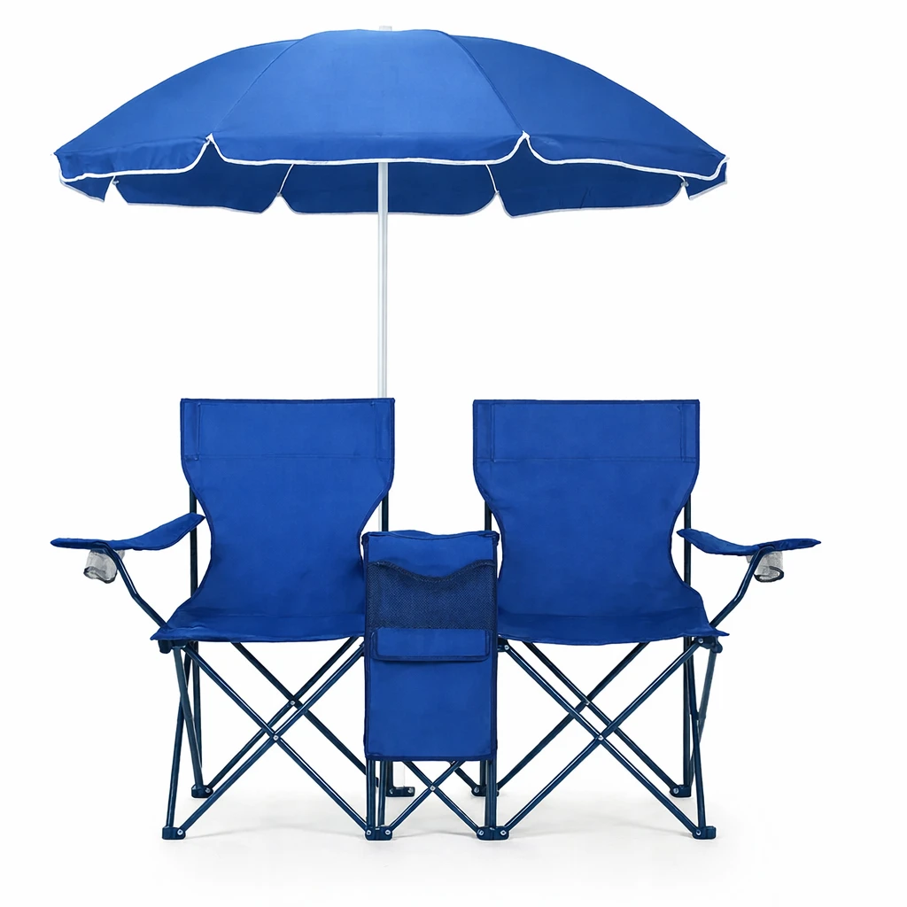 Portable 2-Seat Folding Camping Chairs with Umbrella - Blue