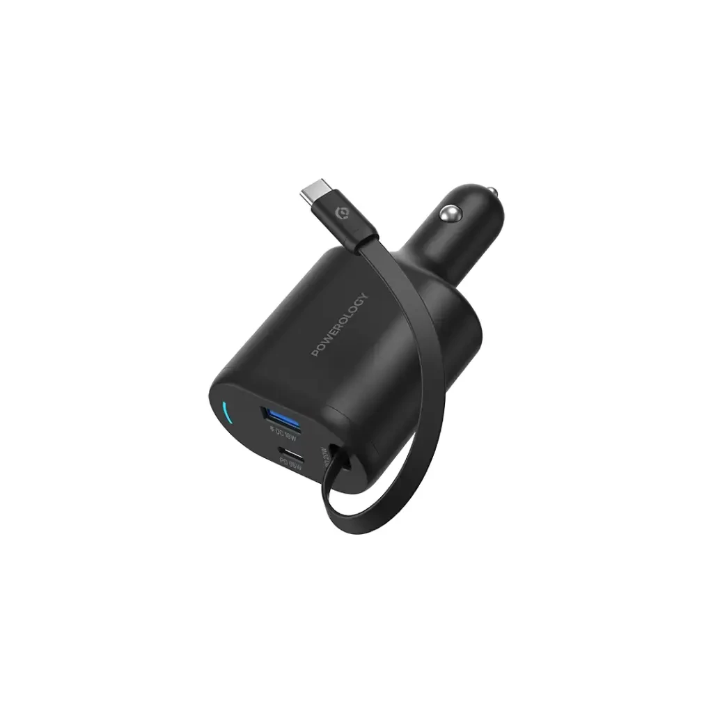 Powerology PD65W + QC18W + Type C Retractable Cable 20W Dual Ports Car Charger 1m- Black