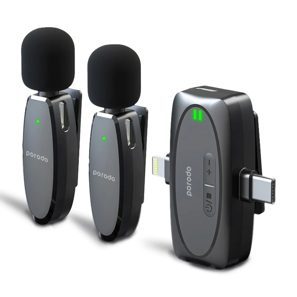 Porodo Two-Device Connect Handheld Lavalier Microphone - Type-C, Lightning & 3.5mm AUX - Black