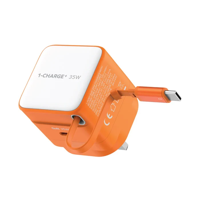 MOMAX 1-CHARGE 35W GAN 1 PORT CHARGER WITH BUILT-IN USB-C CABLE - ORANGE