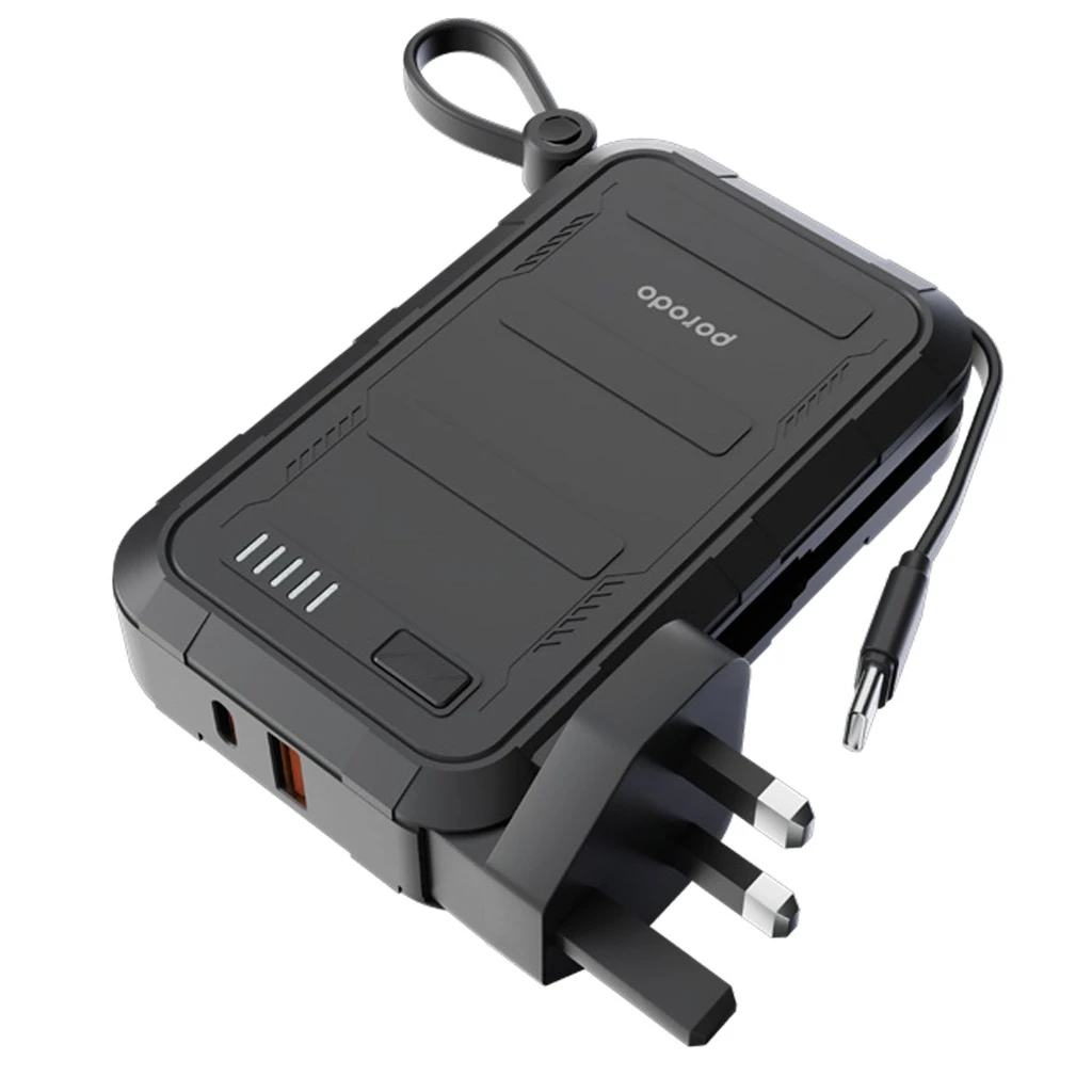 Porodo 10000mAh Wall Charger Power Bank with Built-in Type-C & Lightning Cable (PB051) Black
