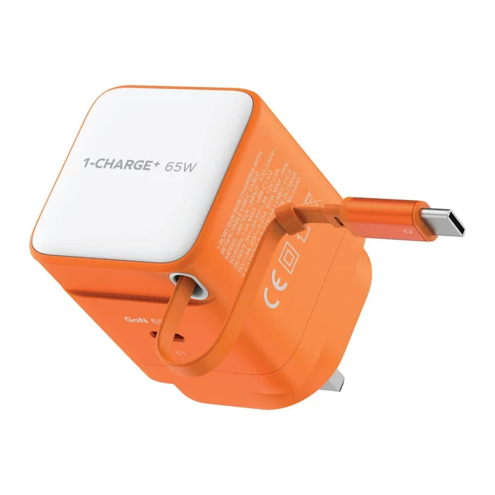 MOMAX 1-CHARGE 65W GAN 1 PORT CHARGER WITH BUILT-IN USB-C CABLE - ORANGE