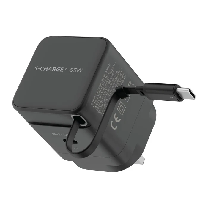 MOMAX 1-CHARGE 65W GAN 1 PORT CHARGER WITH BUILT-IN USB-C CABLE - BLACK