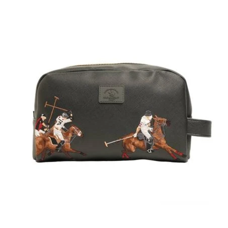 Santa Barbara Polo & Racquet Club Leather Embroidered Toiletry Bag - Black