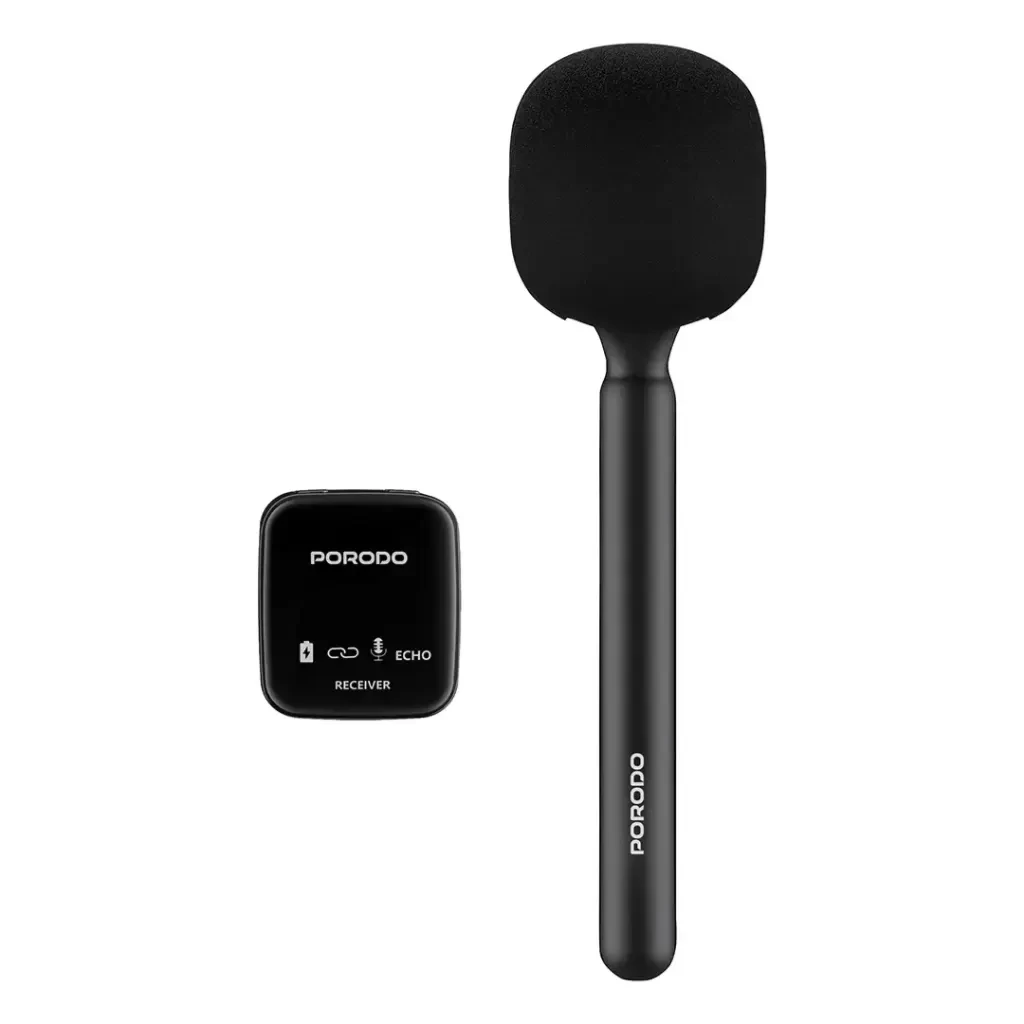Porodo Two-Device Connect Handheld Lavalier Microphone - Type-C, Lightning & 3.5mm AUX - Black