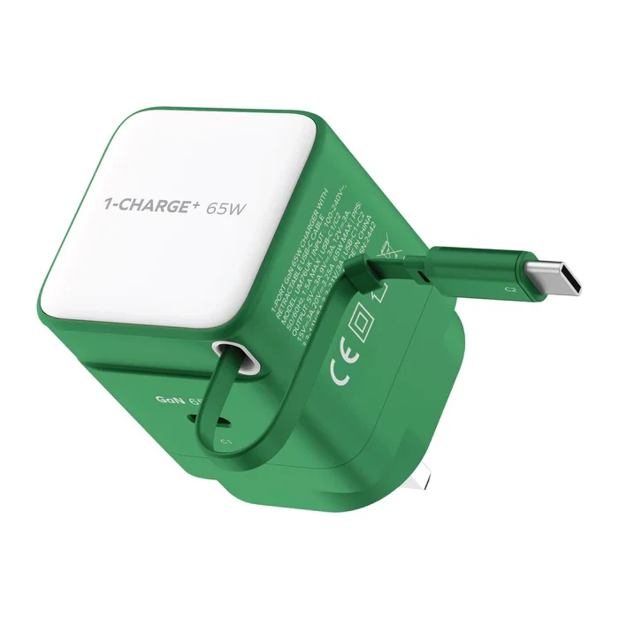 MOMAX 1-CHARGE 65W GAN 1 PORT CHARGER WITH BUILT-IN USB-C CABLE - GREEN