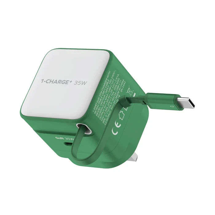 MOMAX 1-CHARGE 35W GAN 1 PORT CHARGER WITH BUILT-IN USB-C CABLE - GREEN