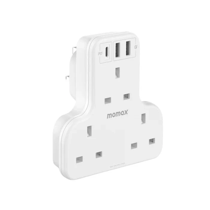 Momax  Oneplug 3-Outlet T-Shaped Extension Socket with USB (US6UK) White