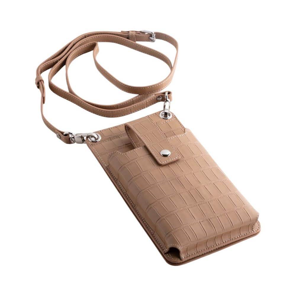 Qatari Cases Crocodile Leather Crossbody Phone & Accessories Bag - Nude