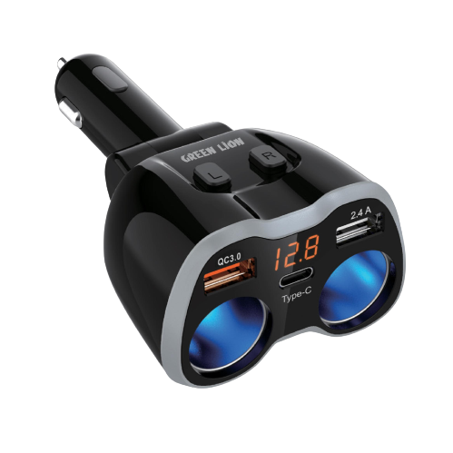 Green Multi-Port Car Charger Adapter - Black