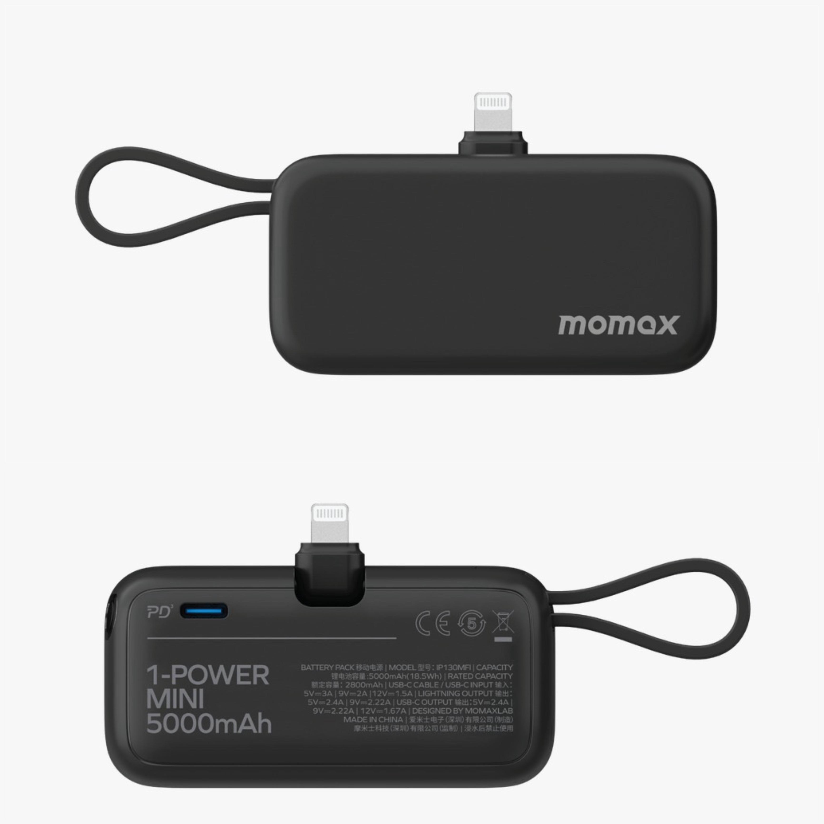 Momax 1-Power Mini 5000mAh 3IN1 Power Bank With Lightning Plug - Black