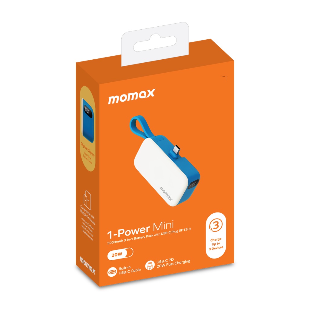 Momax 1-Power Mini 5000mAh 3IN1 Power Bank With Type-C Plug - Blue