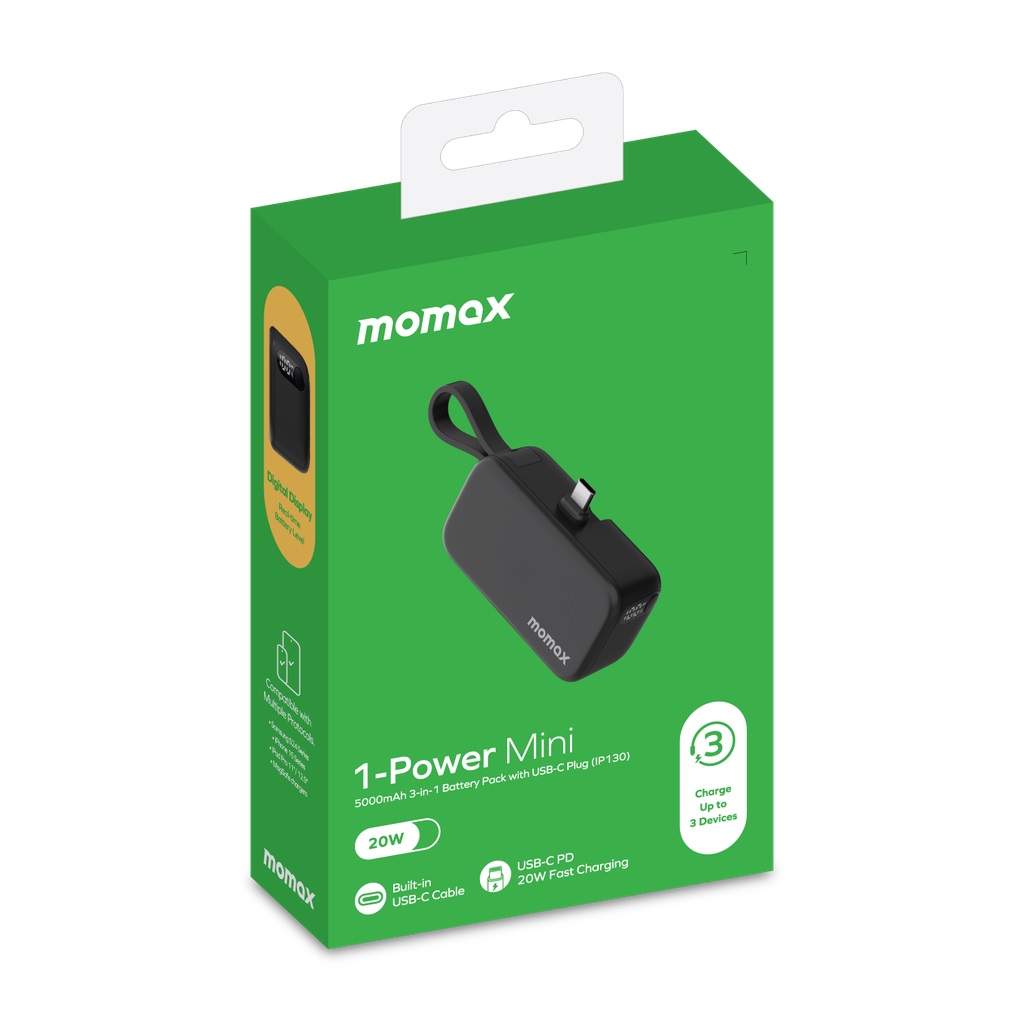 Momax 1-Power Mini 5000mAh 3IN1 Power Bank With Type-C Plug - Black