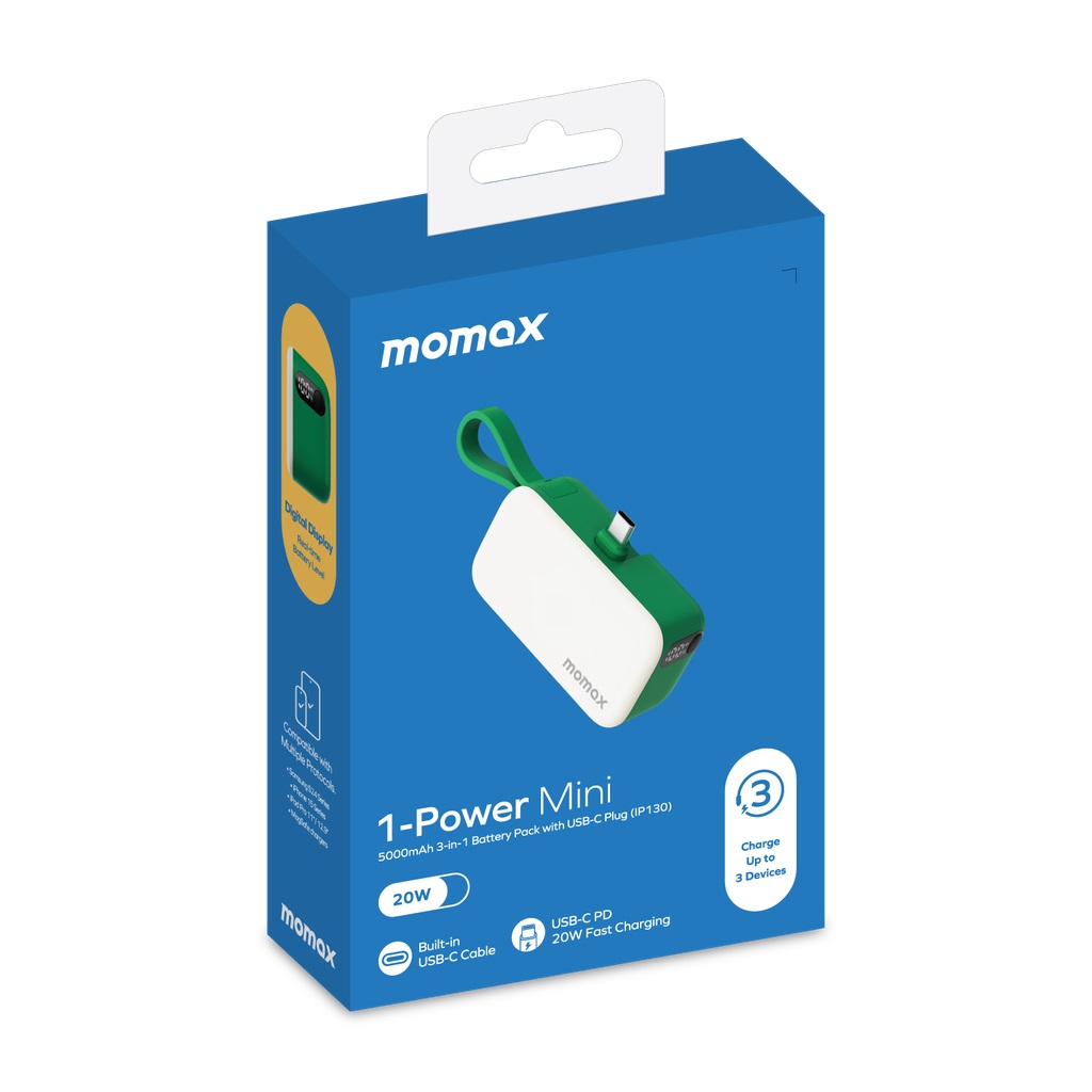 Momax 1-Power Mini 5000mAh 3IN1 Power Bank With Type-C Plug - Green