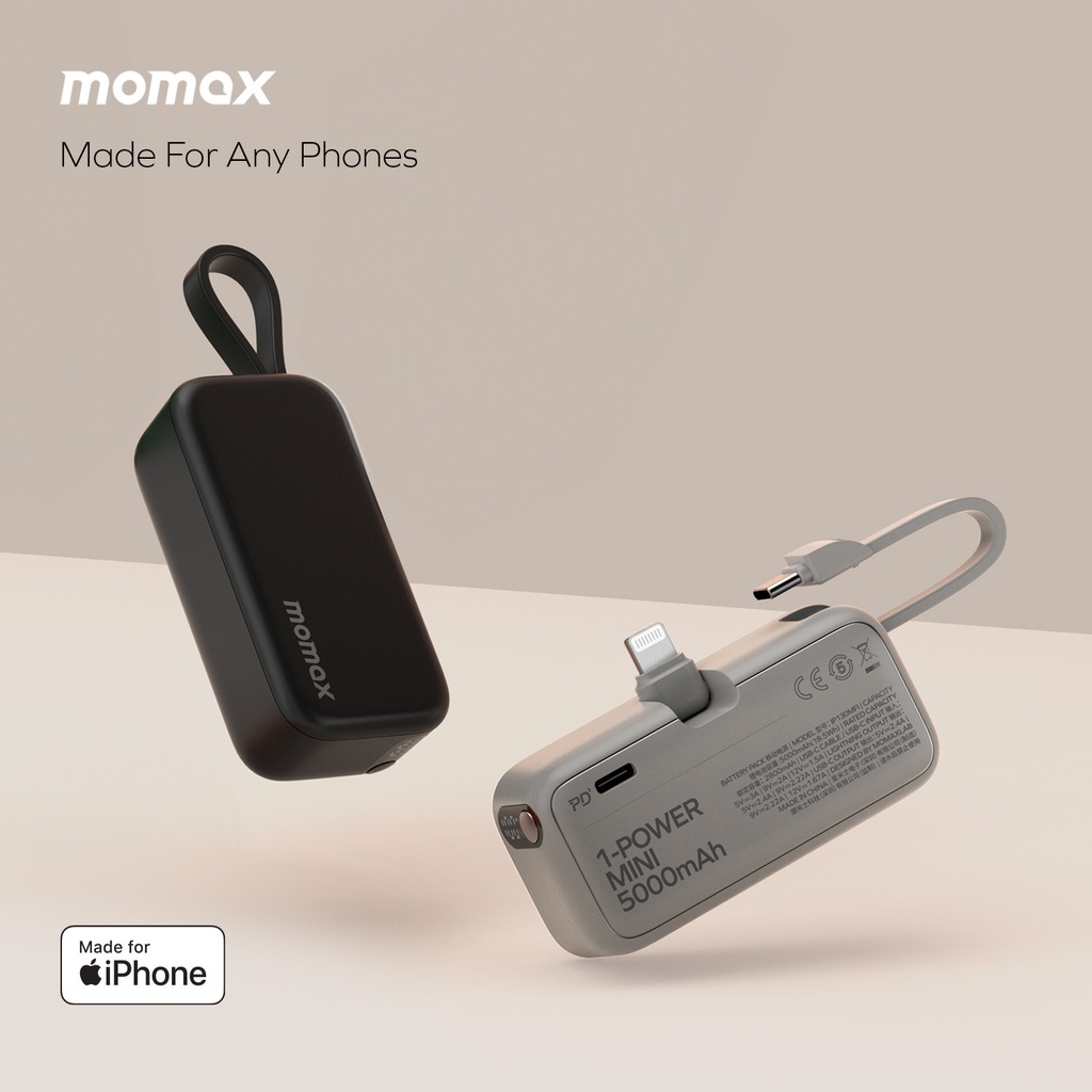 Momax 1-Power Mini 5000mAh 3IN1 Power Bank With Lightning Plug - Black