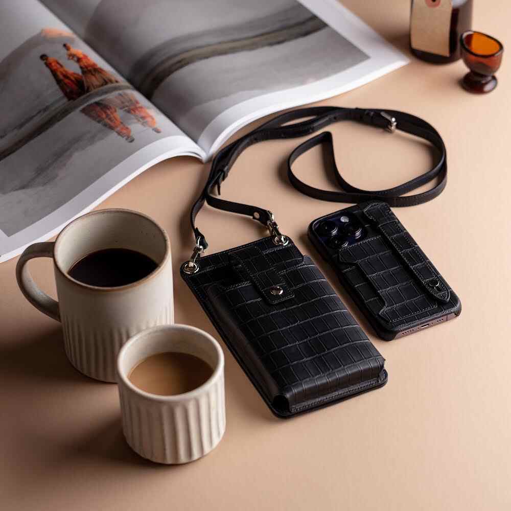 Qatari Cases Crocodile Leather Crossbody Phone & Accessories Bag - Black