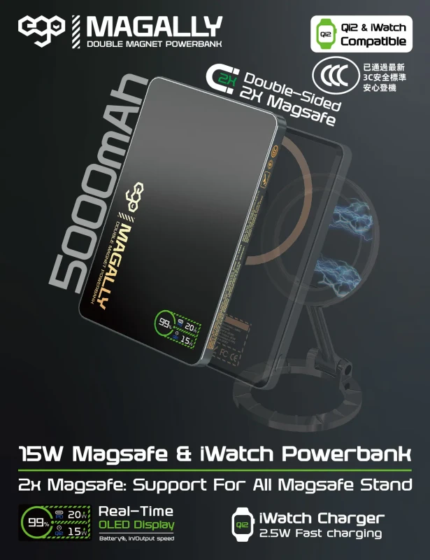 OFuzeUDBOHFMhnF8gH7RWPX9jqkNk7i0cbptEUrd.webp EGO MagAlly 3in1 Double-sided Magnetic QI2 5000mAh Powerbank - Black - Image 1