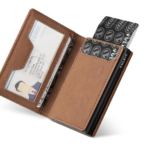 VULKIT VC502- Card Holder with Card Ejector, RFID Blocking, Zipper Coin Pocket, ID Window, and Magnetic Closure - Brown